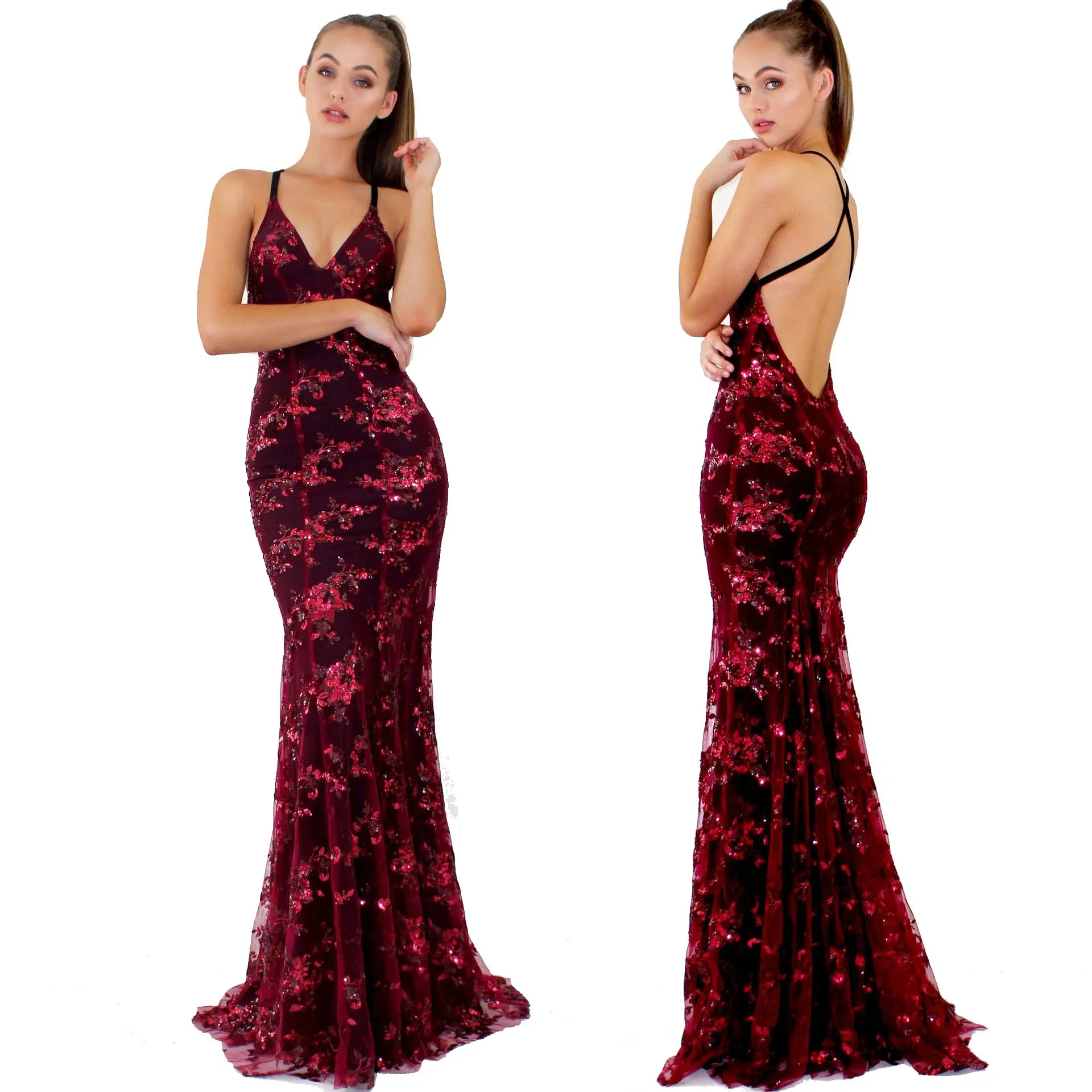 

Luxury Slim Fit Floor-length Evening Gown Sequin Deep V Neck Sexy Backless Maxi Party Dress