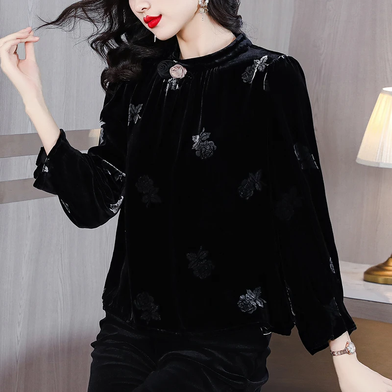 

Autumn Winter Black Floral Velvet Warm Top Coats Women Long Sleeve Bodycon Blouses 2024 Korean Vintage Elegant Luxury Jackets