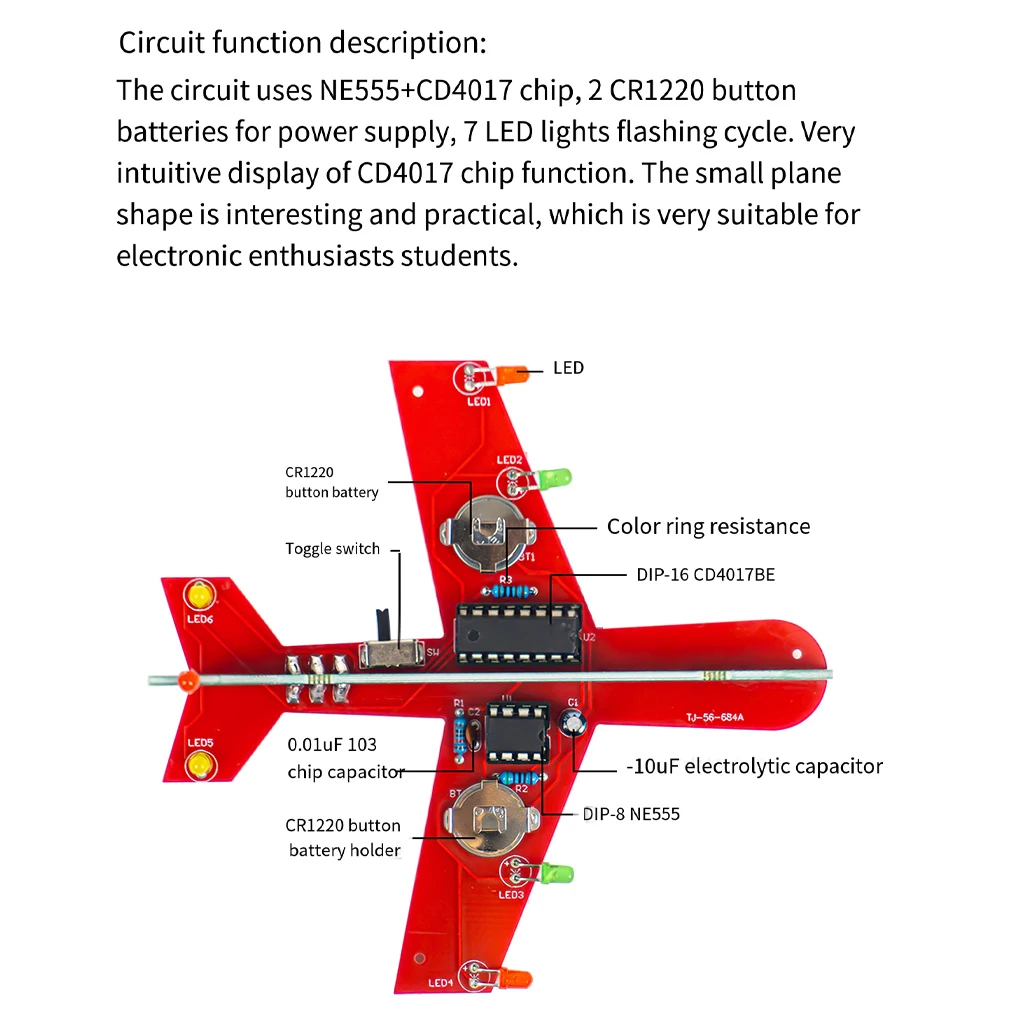 Kit eletrônico diy pequeno avião cd4017 lâmpada de fluxo prática de soldagem kit de montagem ciência eletrônica piscando led pcb