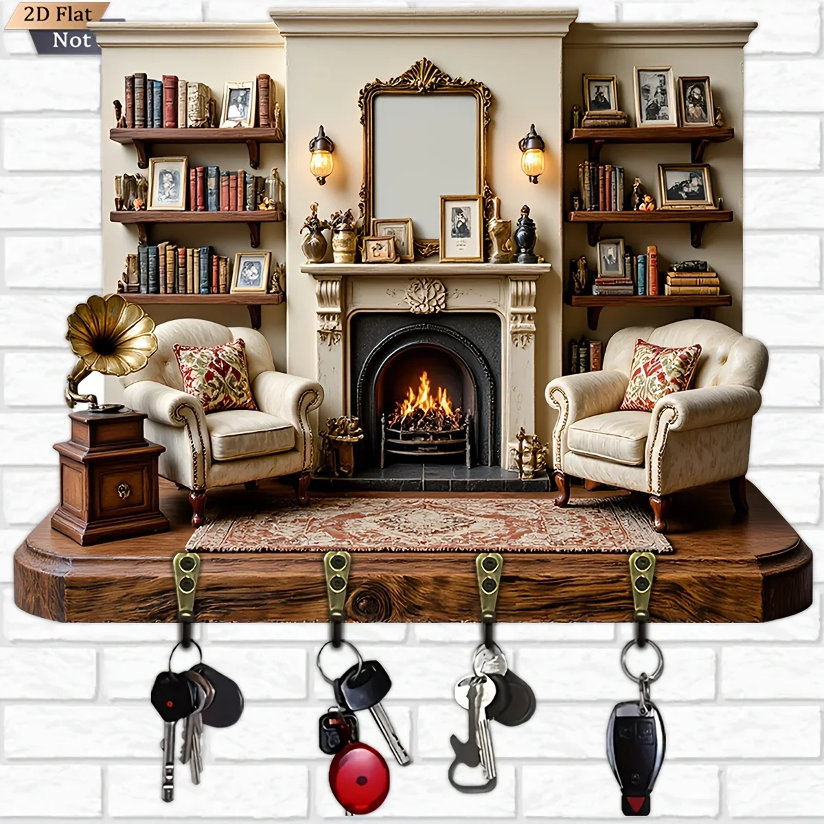 2D Flat, 1pc, Vintage Steam Train Shaped Key Hook Wooden Multifunctional Home Key Holder with Four Metal Hooks, Wall