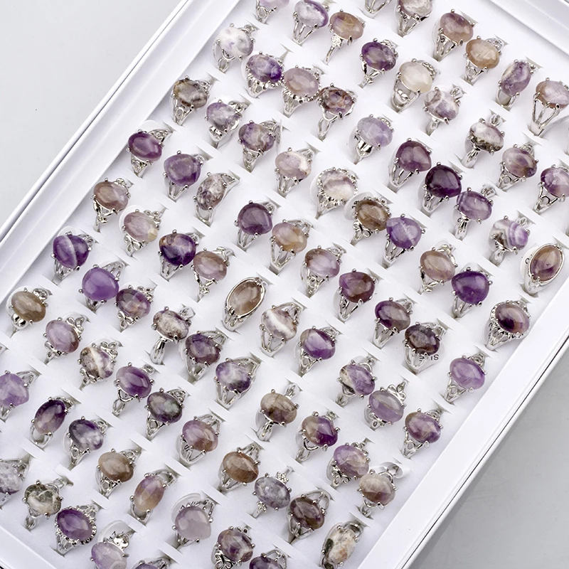 wholesale 50 pcs/batch Vintage Amethyst Natural Stone Ring Fashion Women's Heart shaped Oval Wedding Jewelry Birthday Gift