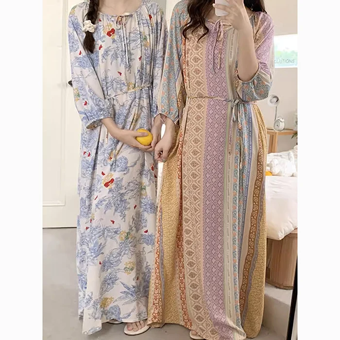 Women\'s Long-Sleeved Nightdress Summer Women\'s Cotton Silk Bohemian Style Pajamas Cotton Silk Beach Dress Home Wear Plus Size