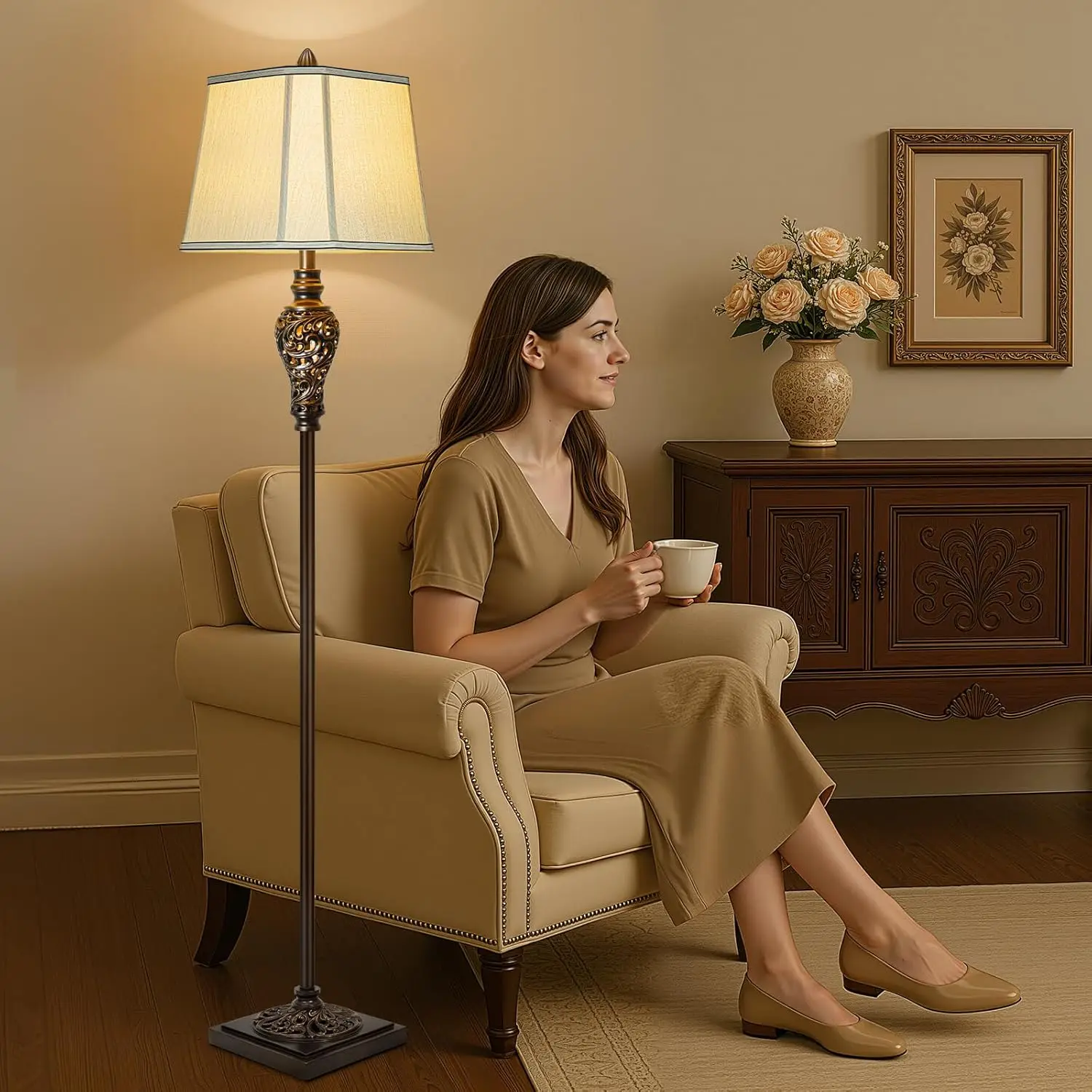 Vintage vloerlamp 65' retro staande lamp met bruine afwerking en beige kunstzijde kap, boerderij industriële hoge lamp voor