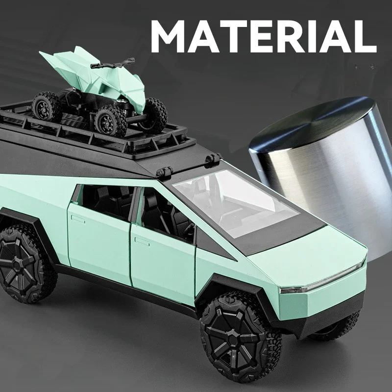 RV Car Model With Motorbike Model Diecast 1/24 Cybertruck Pickup Sound Light Collective Alloy Miniature Voiture Boy Car Toy Gift