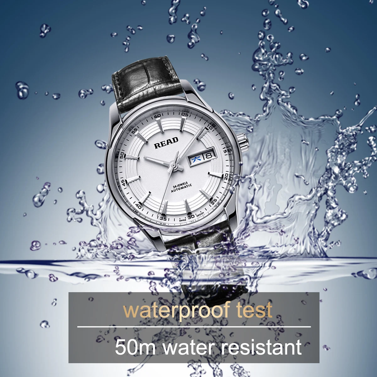 READ Men Automatic Watch | Black Leather Strap | White Dial Day‑Date Display | Hard Glass Mirror | 50M Water Resistant