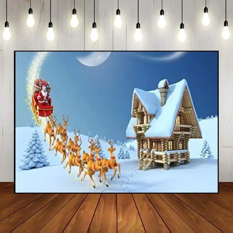 Merry Christmas Sleigh Party Photography Backdrops Background Poster Decoration Photo Xmas Home Baby Shower Cartoon Decor Winter