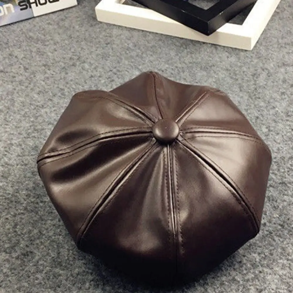 Geometric Simple Elastic Band  PU Leather Solid Color Children Beret Korean Style Cap Painter Hat Apparel Accessories