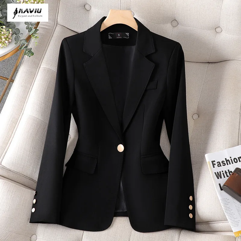 NAVIU Black Blazer Women New Autumn Fashion Temerament Business Formal Long Sleeve Slim Jacket Office Lady Work Coat Tops Khaki