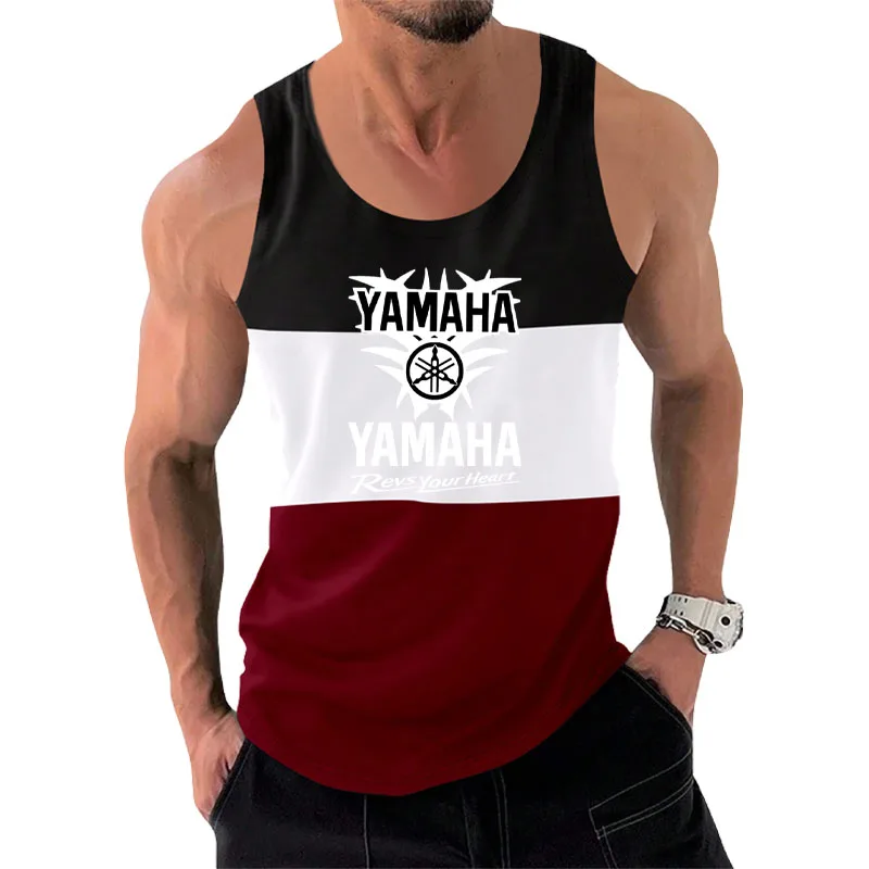 YAMAHA New Stripe  Print Tank Tops Men Neck Fitness Gym Vest Casual Streetwear Oversized Bodybuilding Sleeveless Top Man Clothin