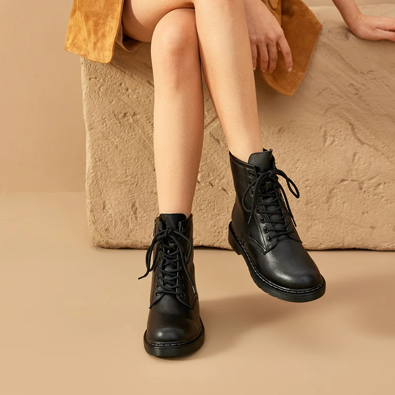 BeauToday Ankle Boots Platform Women Cow Leather Side Zipper Lace-up Round Toe Winter Ladies Warm Shoes Plus Size 04218