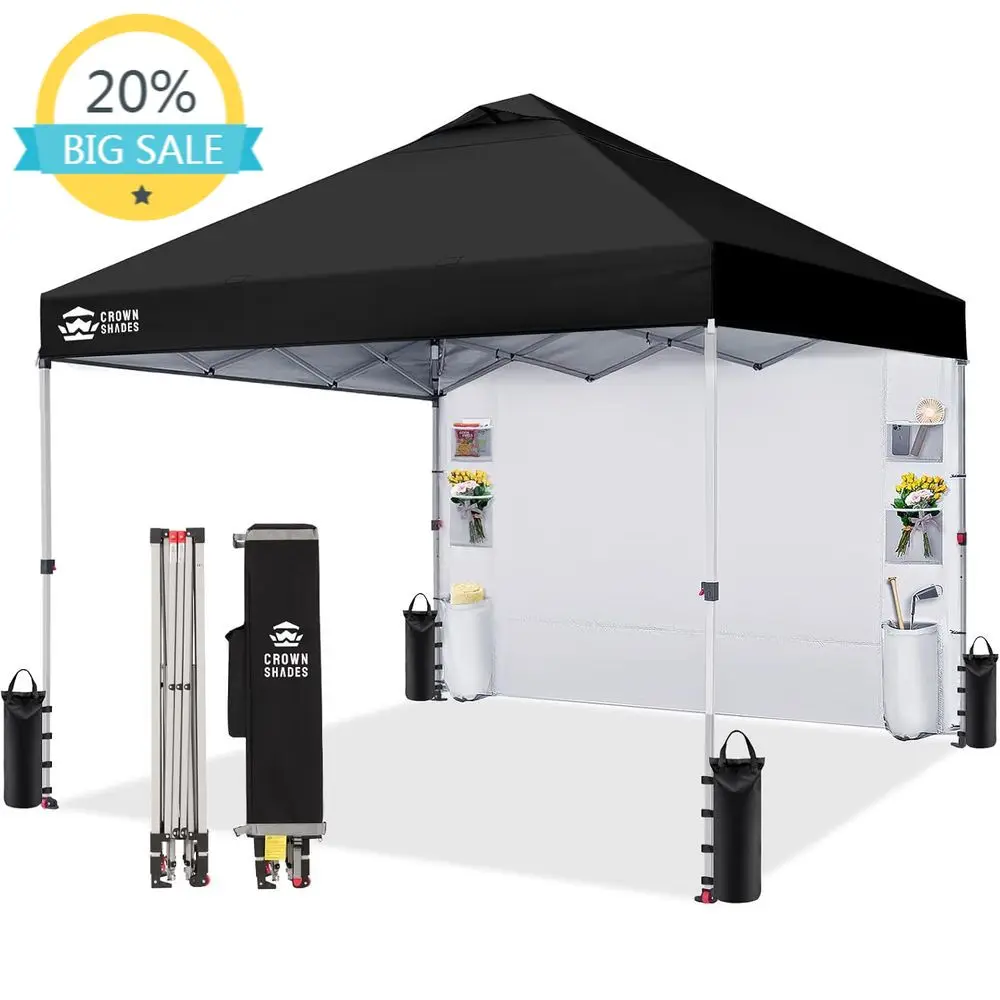 

Портативный уличный тент-шатер 10x10 с боковой панелью на молнии, центральным замком, защитой от УФ-излучения и сумкой для переноски, черный