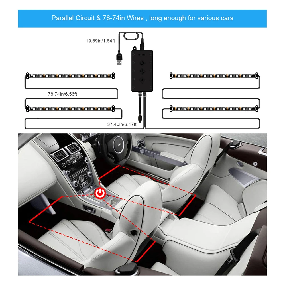 4pcs Automotive Interior Decorative Lights LED Car Foot Light 12 LED Atmosphere Lamp Ambient Lamp Remote/Voice Control