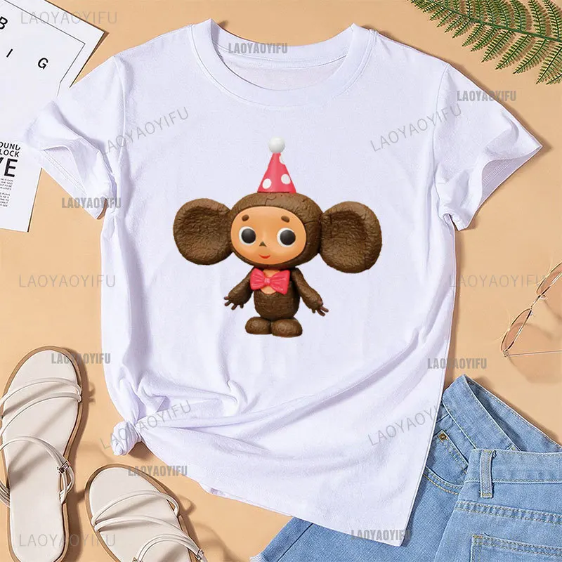 Russian Cheburashka Big-eyed Monkey Women T Shirt Crocodile Clothes Monkey Hipster Soviet Russian Doll Masculinas Novelty Top