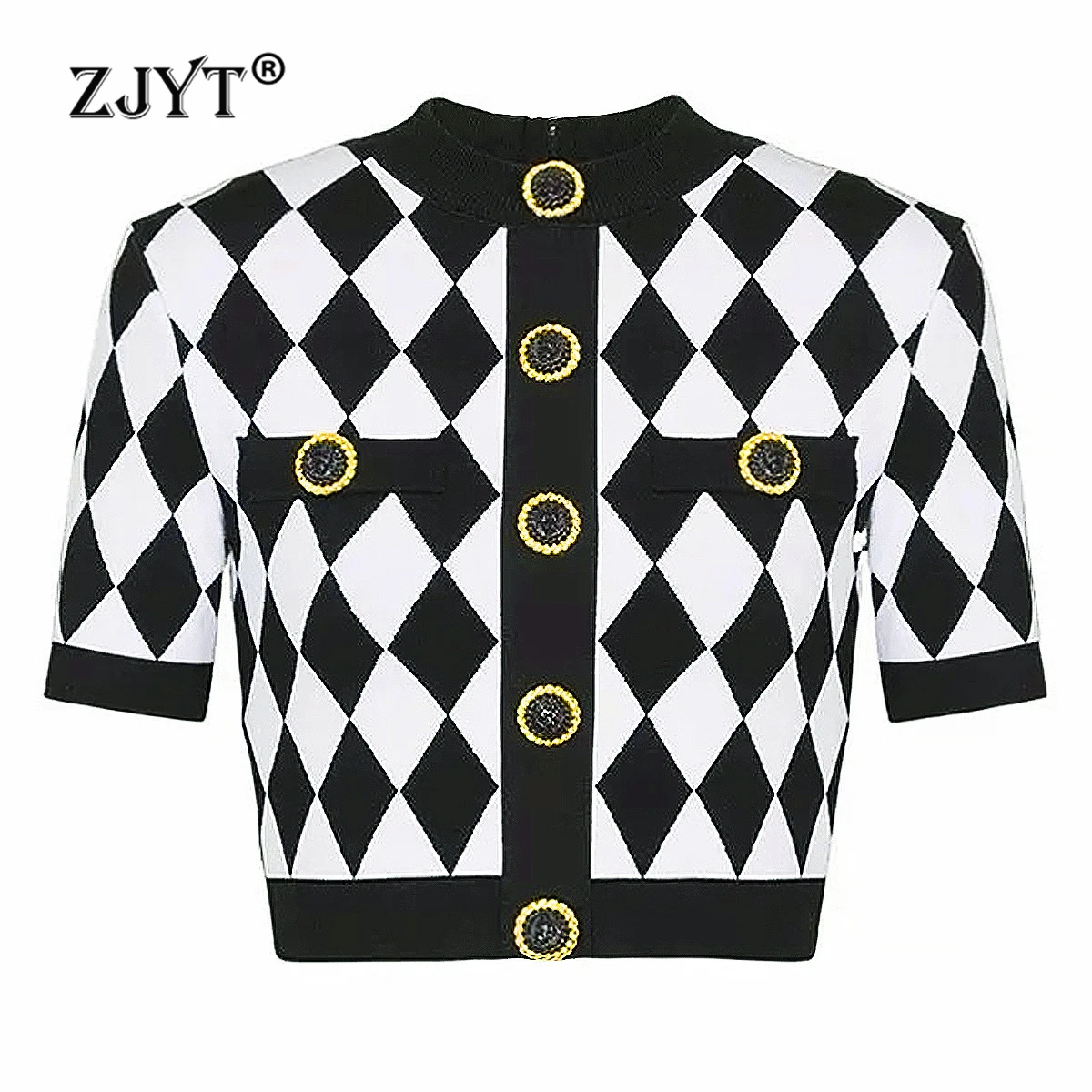 

ZJYT Classic Plaid Knitted Sweater Tops for Women Short Sleeve Summer Knitwears Color Block Jersey Mujer Fashion Female Clothing