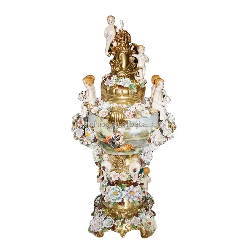 26 inch high handmade classic antique all flower and little angel porcelain jar home decoration