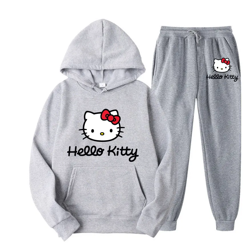 Hello Kitty Cartoon Anime Women Sweatshirt Sweatpants Set Fashion Men Pullover Pants Suit Spring Autumn Couple Hoodie Pant Sets