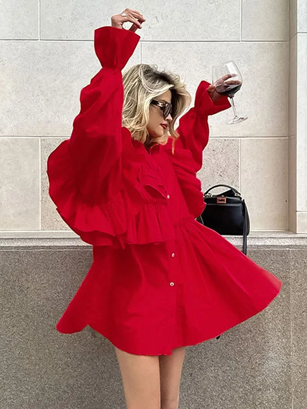 فستان قميص تينيا أحمر مكشكش للنساء 2026 ربيعي قطن كبير الحجم بأكمام طويلة وكشكشة فساتين قصيرة غير رسمية بسيطة 144024 #5