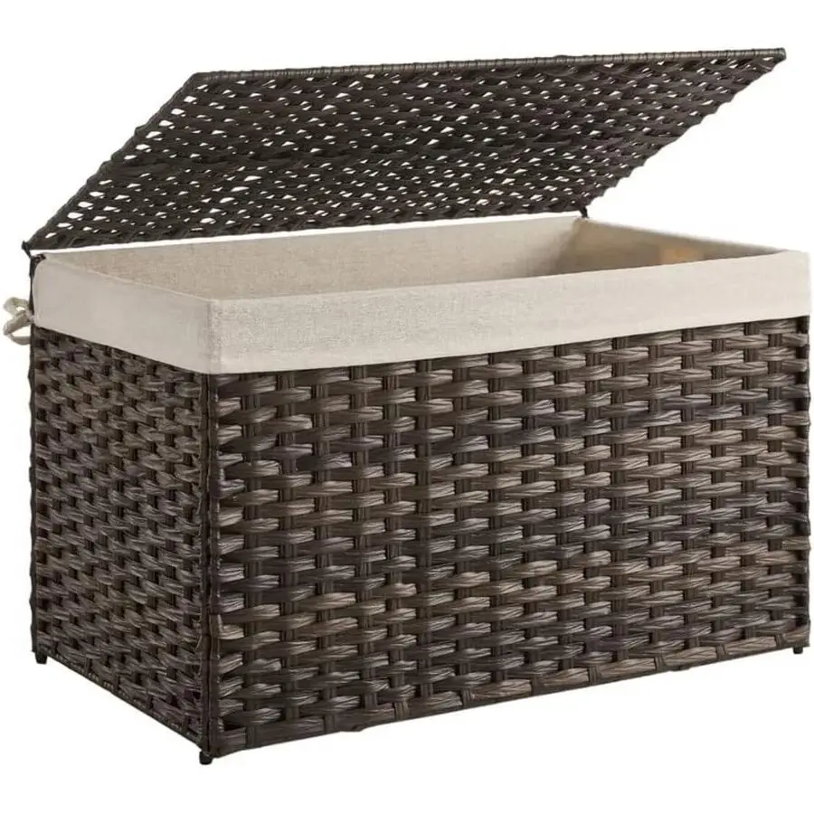 

Storage Basket with Lid, Woven Blanket Storage Bin with Handles, Foldable, Removable Liner, Metal Frame, for Bedroom, Laundry R