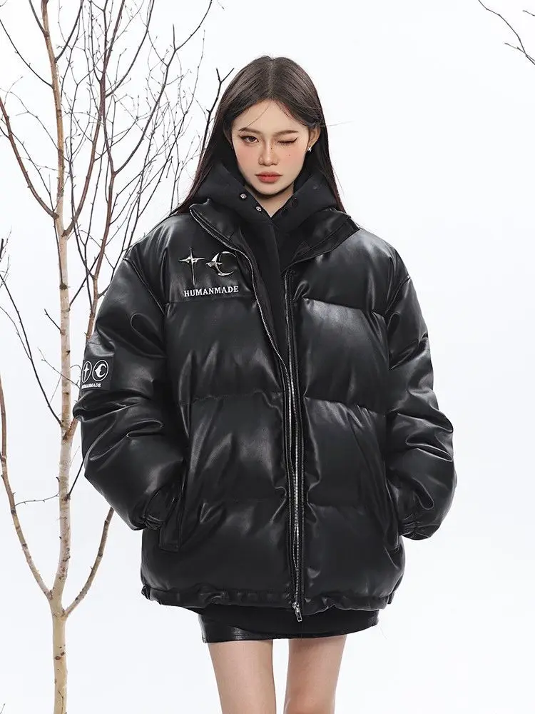 Gagan ight Frauen koreanischen Stil gedruckt Pu Leder Baumwoll jacke 2024 Frauen Winter neuen Stil ins dicken Stehkragen Brot jacke