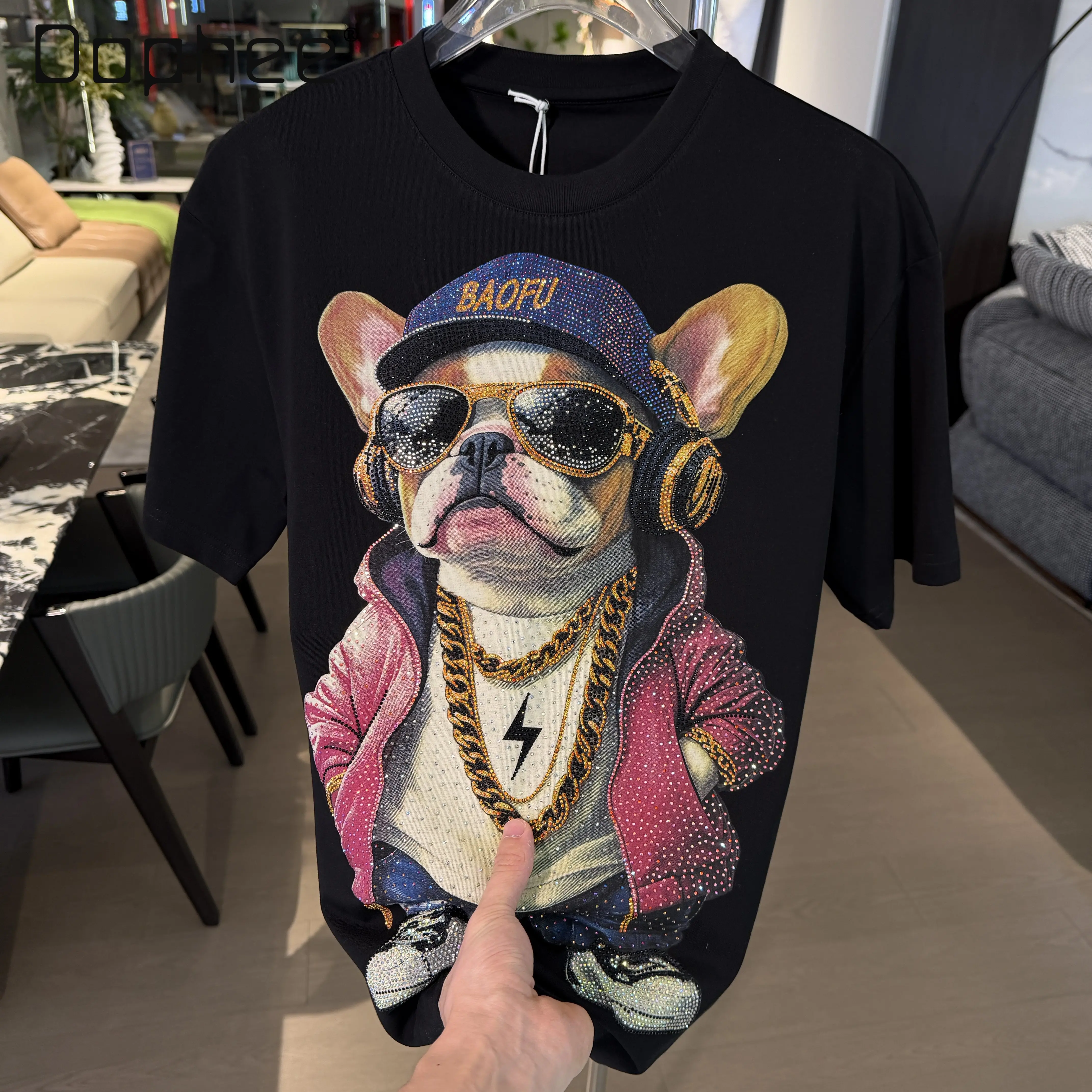 Summer New Arrival Men's American Streetwear French Bulldog Rhinestone Black T-Shirt Loose Casual Round Neck Cotton Pink Top