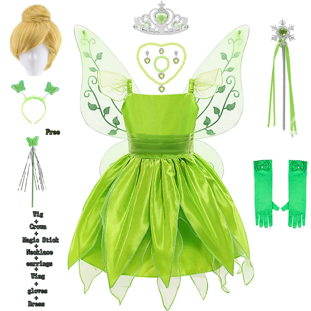 Halloween Tinkerbelling Costume For Girls Flower Fairy Cosplay Outfits Kids Carnival Green Princess Gown Children Birthday Gift