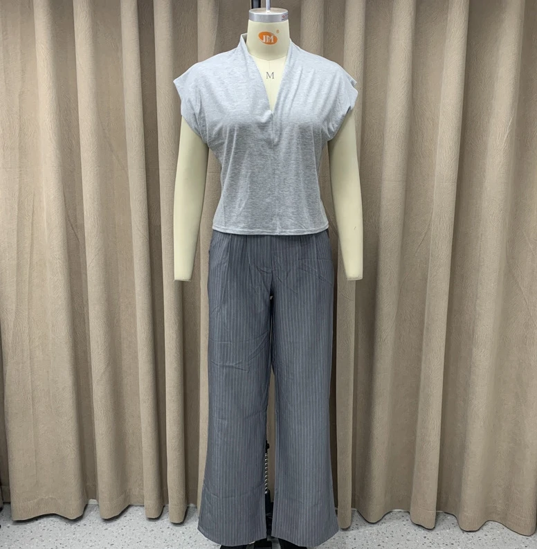 Summer Two-piece Women's Casual V-neck Sleeveless Blouse Top and Elegant Commuting High Waisted Ruched Straight Leg Pants Set