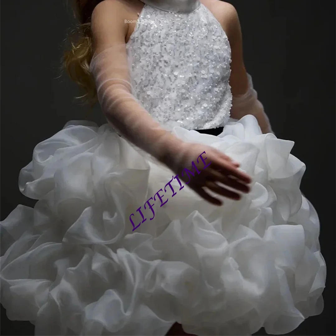 لامعة اللؤلؤ الزهور فتاة فساتين الزفاف حزب اللباس للأطفال الزهور الفتيات الحفلة الراقصة طول الركبة مخصصة #4