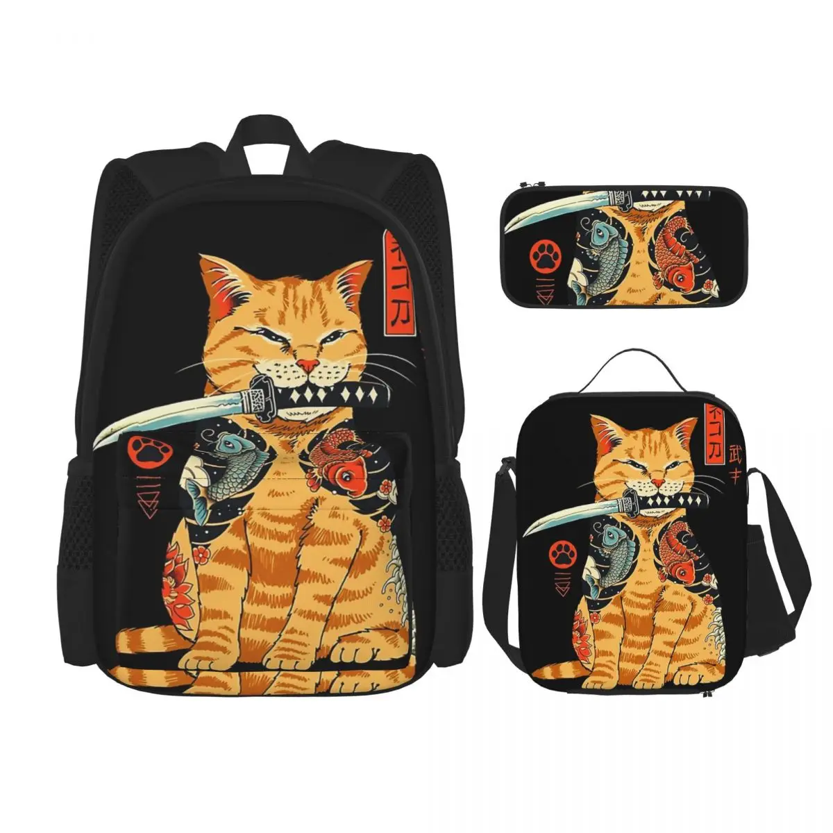 

Catana Cats Retro Samurai Yakuza Holder Backpacks Boys Girls Bookbag School Bags Rucksack Lunch Bag Pen Bag Three-Piece Set