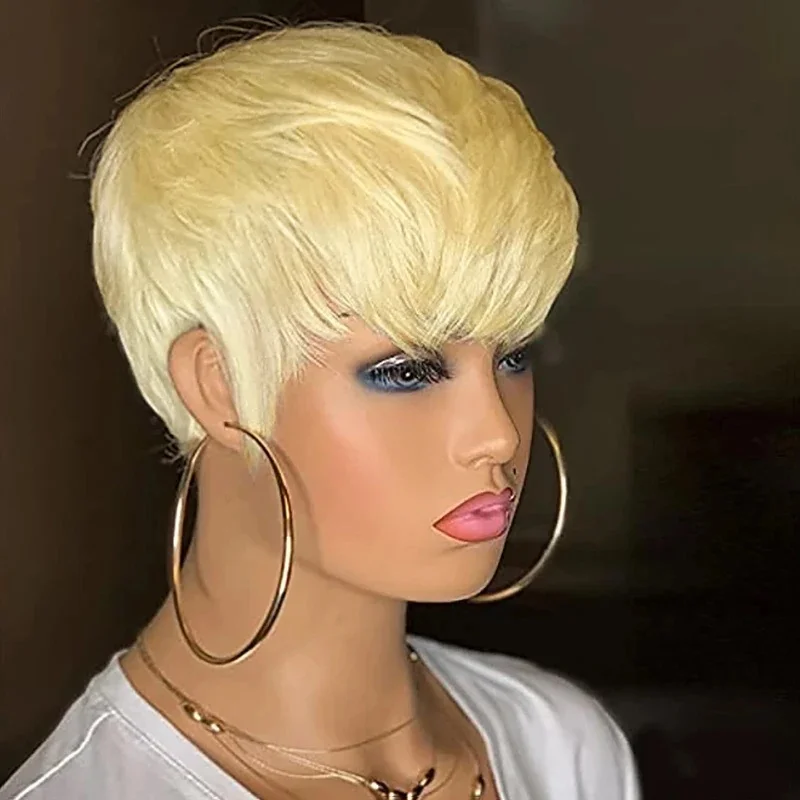 Short pixie cut Wig Honey blonde Wig 100% Human Hair Wigs With Bangs Natural Wigs Pixie Cut Remy Wig ﻿