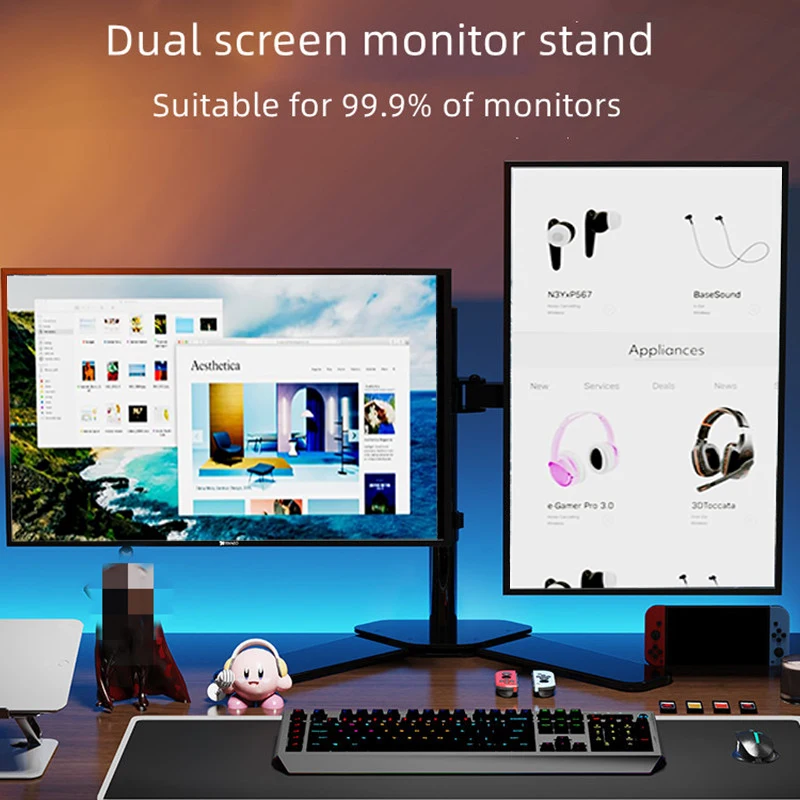 Dual Monitor Stand and Adjustable Arms, Mounts 2 Screens up to 27 inch Load 8kg Each with Swivel, Tilt, VESA 75x75 100x100mm