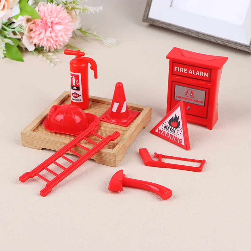 1Set 1:12 Dollhouse Miniature Fire Accessories Extinguisher Fire Hydrant Helmet Ladder Hammer Model Scene Decor Toy