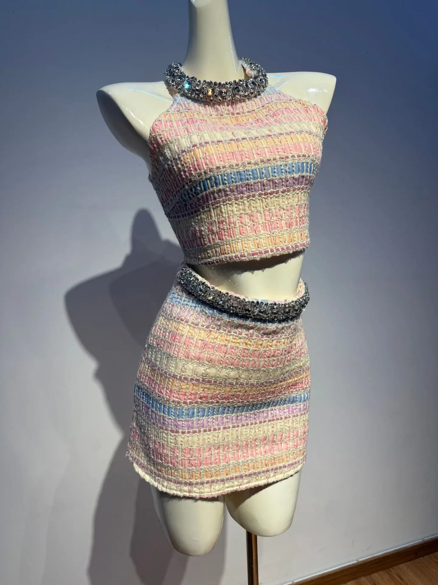2026 Women Summer Sexy Sleeveless Diamonds Knitted Multi Two Pieces Skirt Bandage Set Celebrity Designer Fashion Women's Set