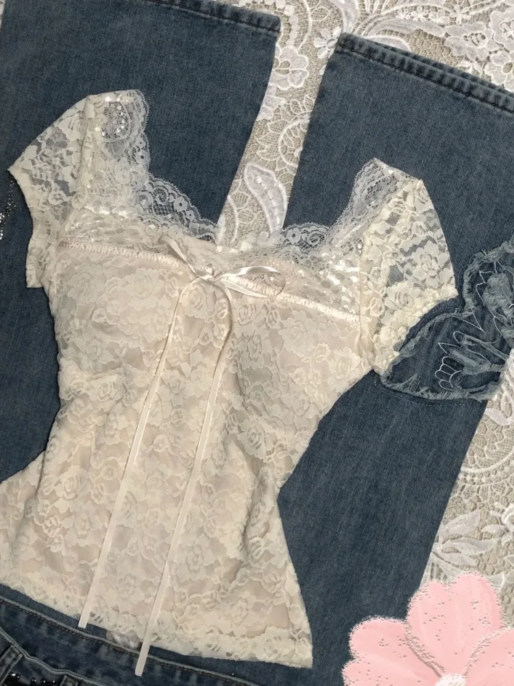 Chemisier d'été Vintage en dentelle abricot pour femmes, élégant, avec nœud doux, Slim Fit, rétro Chic Y2K, mode décontractée, doux, t-shirts, nouveau