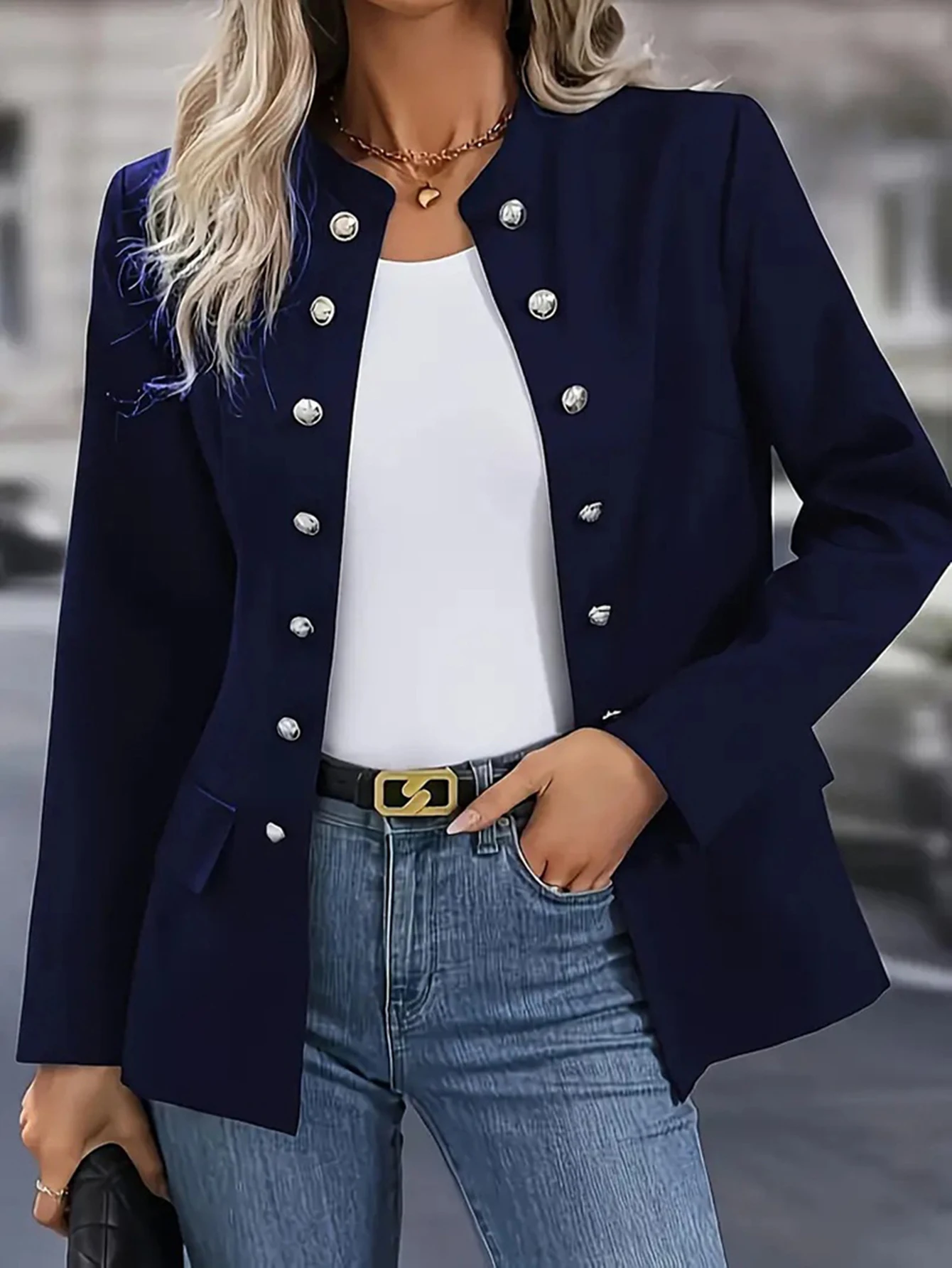 Blazer doppiopetto moda autunnale da donna tinta unita manica lunga colletto alla coreana da ufficio da donna da indossare ogni giorno