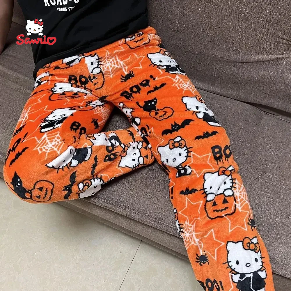 Miniso Hello Kitty Pijama de flanela menina, lã quente, calça solta, desenho preto, moda kawaii, outono e primavera