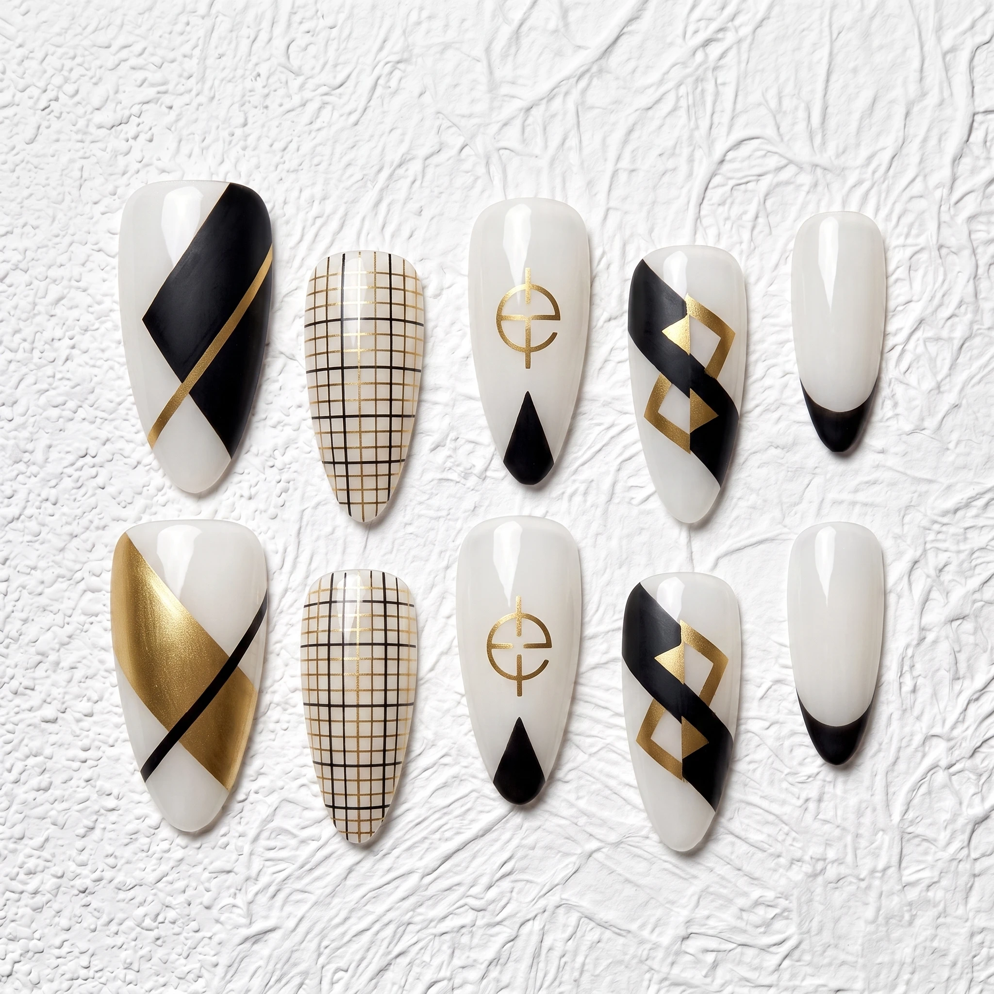 Artisan Handcrafted 10PCS Modern Geometric Almond Press-On Nails | White Base, Black & Gold Geometry, Metallic Foil, French Tips