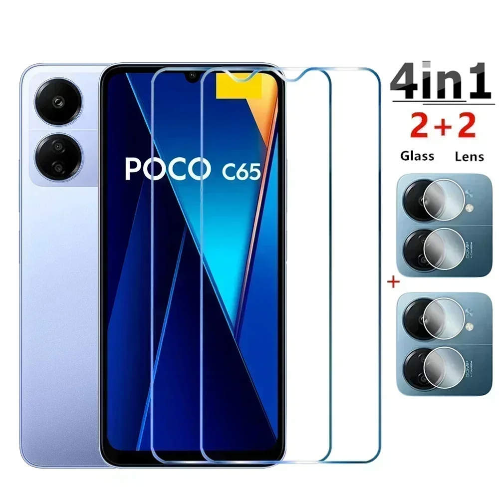 4IN1 الزجاج المقسى ل POCO C65 C40 M6 M5 M4 حامي الشاشة ل POCO F6 F5 F4 F3 X6 X5 X4 X3 GT Pro 5G طبقة عدسة واقية