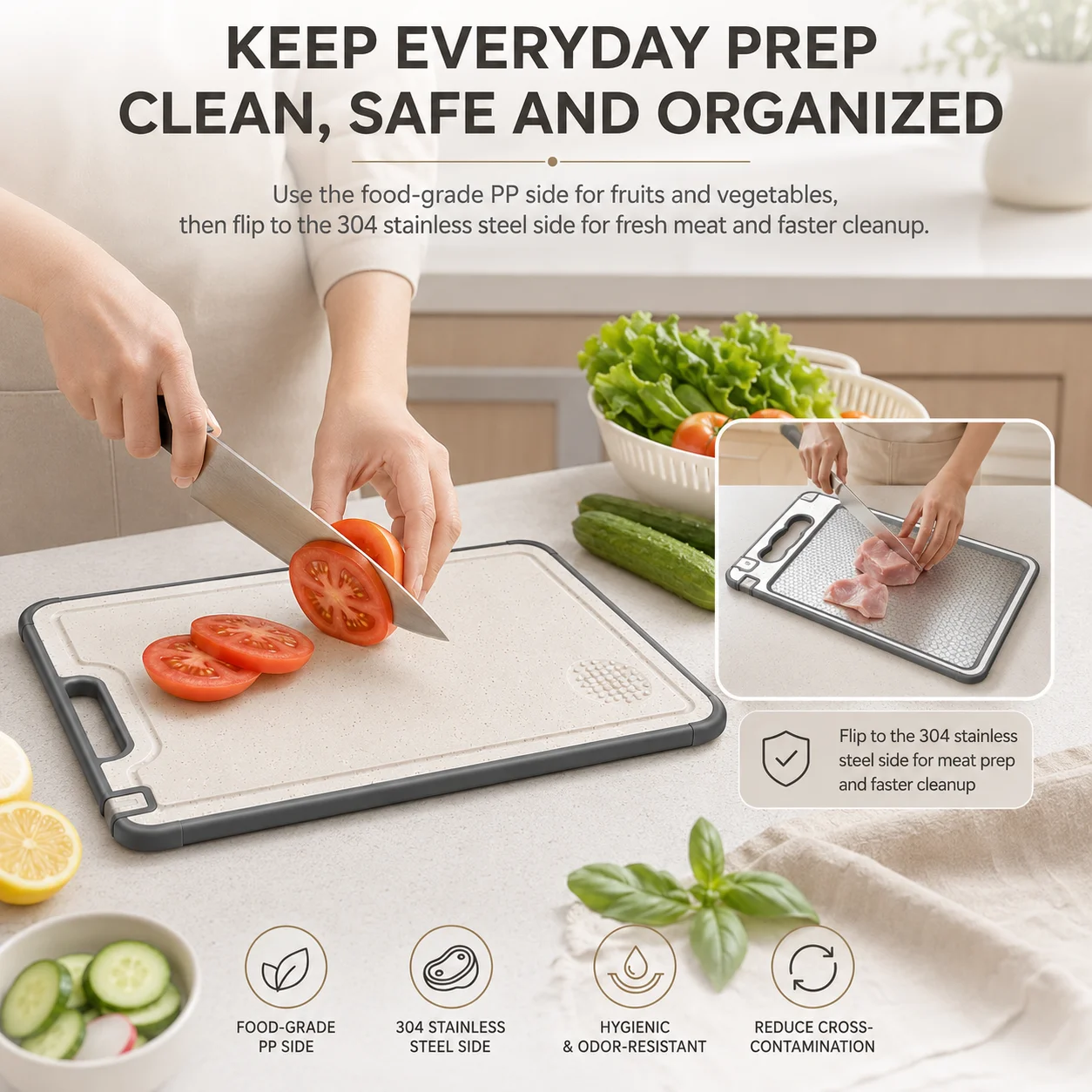 Double Sided Cutting Board 304 Stainless Steel And Wheat Straw Chopping Board With Knife Sharpener Garlic Grinder Juice Groove