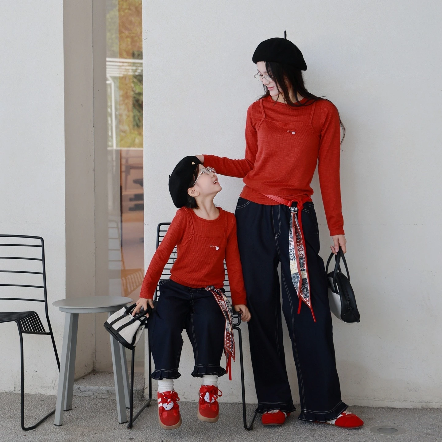 Mother Daughter Matching Outfit Red Blouse Slim Straight Jeans Pants Soft Denim 2025 New Mom and Baby Girls Clothes