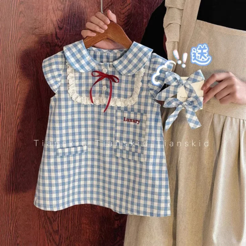 Girls' College-Style Plaid Dress Summer Children's Fashionable Flutter-Sleeve Tank Dress Baby Lace Trim Princess Dress