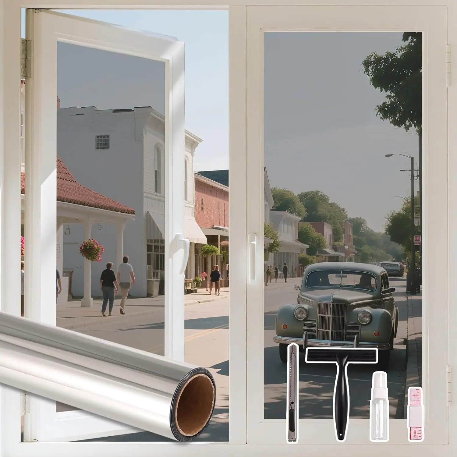 

One-Way Privacy Window Film: See Out, Not In, Reflective Mirror UV Sun Blocking Heat Glare Control with Tools, 35.4" x 157.4"