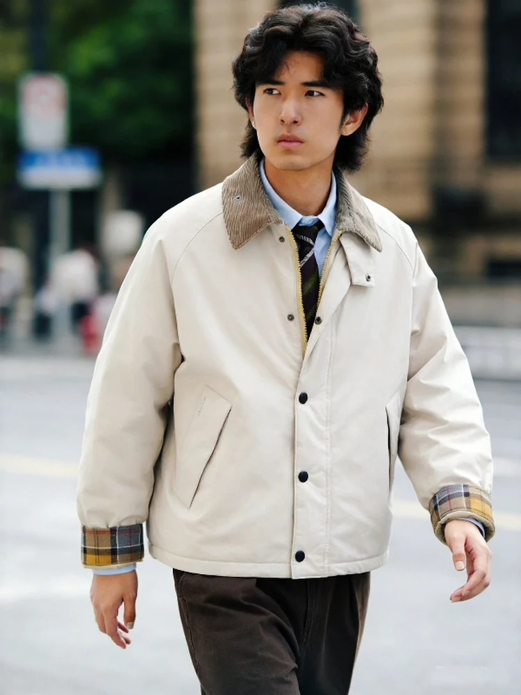 Retro Barn Sle Men's ort Jaet Loose Casual Collar Cotton Coat Winter Versatile Plaid Cuff Windproof Warm Wear