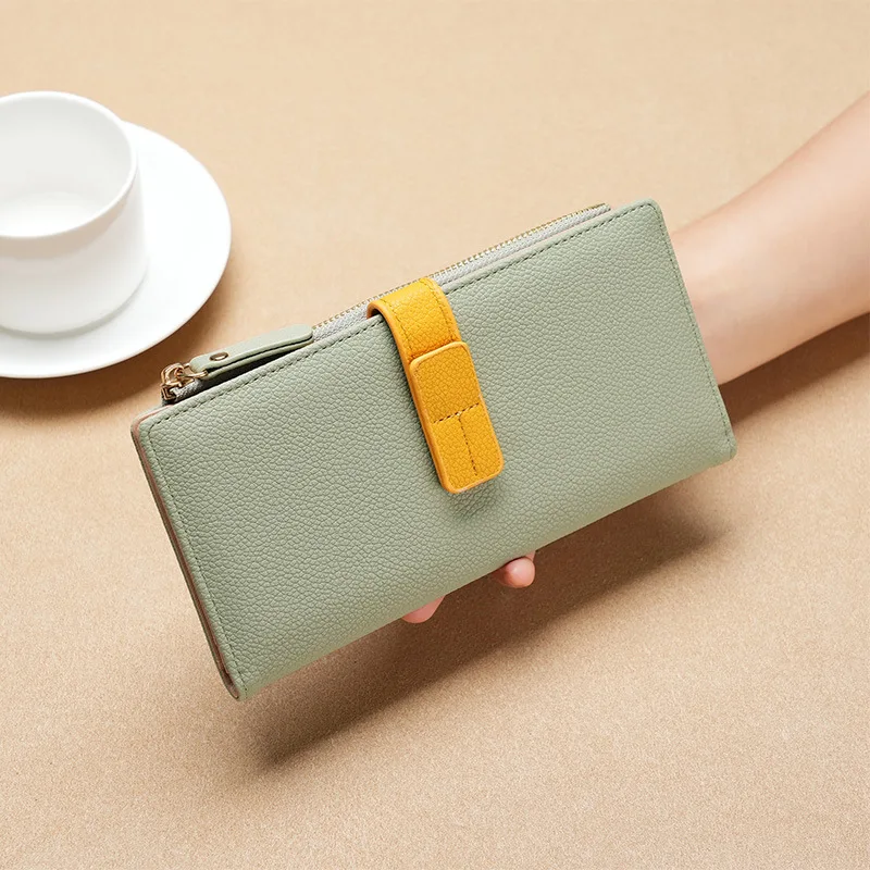 Purse long women's drawband color contrast money clip Mobile phone storage Hold stylish zipper card bag Multi-functional