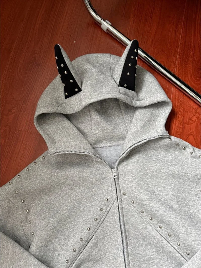 Amerykańska bluza z kapturem w stylu high street dla mężczyzn i kobiet, jesienna moda, bluza z nitami na uszy, modna patchworkowa luźna kurtka rozpinana z długim rękawem.