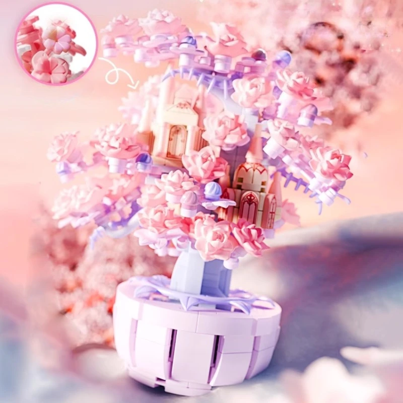 مكعبات بناء مجتمع ضوء القمر بيت شجرة ساكورا DIY لعبة تجميع إبداعية هدية عيد ميلاد حالمة للفتيات