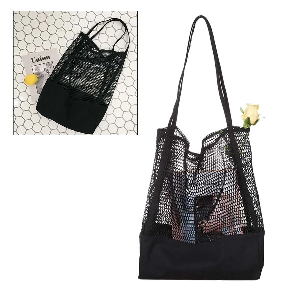 حقيبة تسوق شبكية سوداء قابلة لإعادة الاستخدام وقابلة للغسل من النايلون بسعة كبيرة وقابلة للتوسيع على الشاطئ وحقيبة يد شبكية