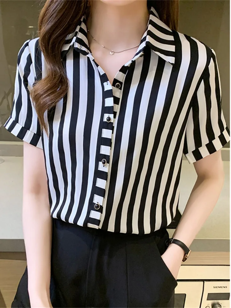 #3303 Summer Black And White Striped Shirt Women Single Breasted Office Shirt Femme Short Sleeve Satin Shirt Elegant Regular Fit