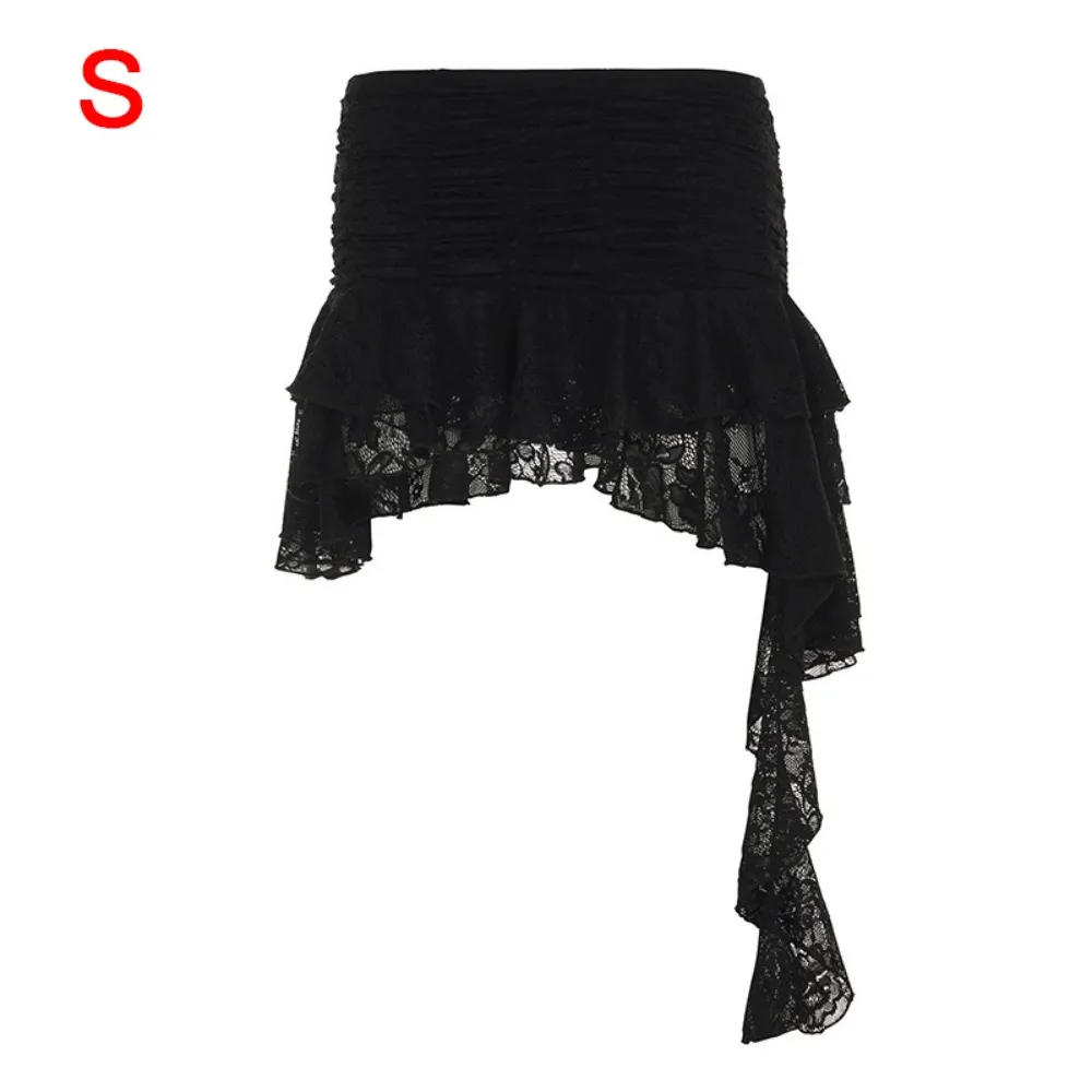 

Polyester Bohemian Lace Skirt High Waist Black White Lace Trim Skirt Asymmetrical Design Ruffle Edge Irregular Mini Skirt