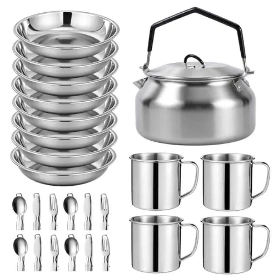 Camping cookware kit: stainless steel pots, cups, plates, forks, knives, spoons silver, durable, lightweight, for camping, back