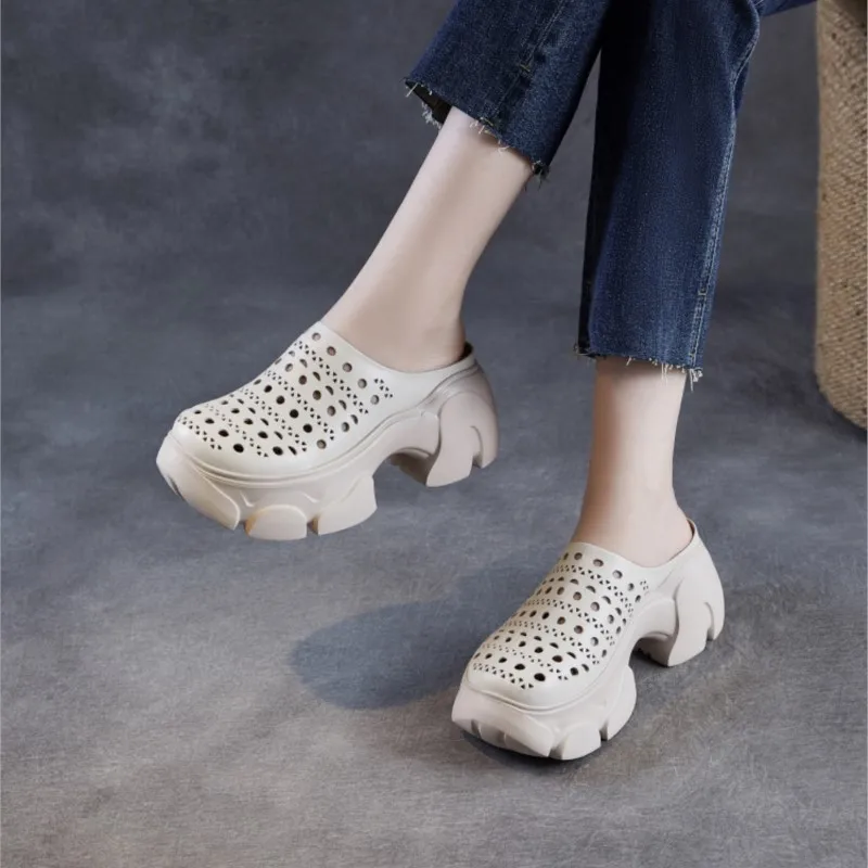 2026 Genuine Leather Thick Soles Outdoor Slippers Summer New Vintage Hollow Out Breathable Women's Platform Shoes